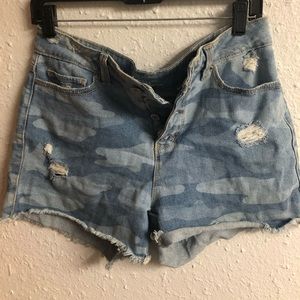 Denim camo high waisted shorts